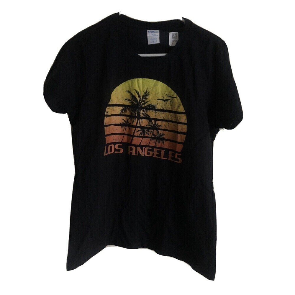 Los Angeles Sunset Ladies SZ L Black T Shirt Palm Trees Yellow Orange Birds Top